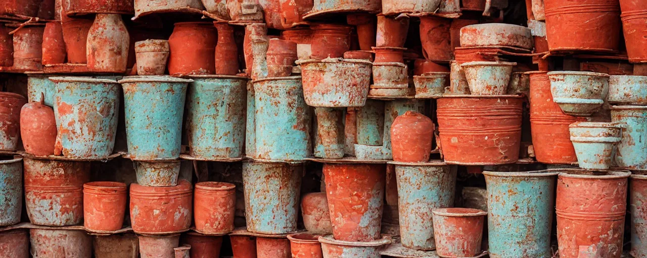 Image similar to spaghetti being stored in ancient terra cotta pots, middle east, fine detail, canon 5 0 mm, in the style wes anderson, kodachrome, retro