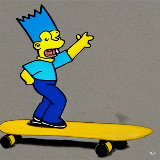 Image similar to Bart Simpson skateboarding down the stairs, in the style of Guy Denning