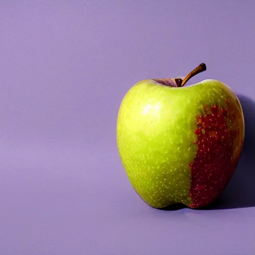 Prompt: an apple with the texture and color of leather, sliced in thirds, close up award winning digital photography