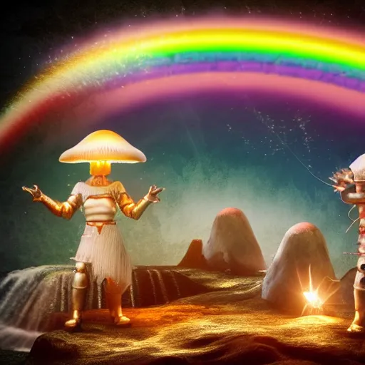 Prompt: 3 d render of light white rainbow medieval armour, waterfall, cybernetic mushroom people, tamborine, salt shaker, happy friend, fire, lamps, aurora, rave, isolate, wizard, ramen, wires, robot, money, corporate, business, pleading artstation hq, artstation hd, fantasy