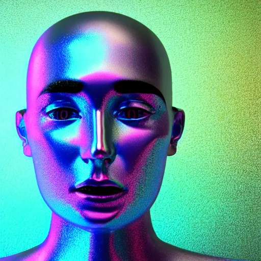 Image similar to 3d render of holographic human robotic head made of glossy iridescent, surrealistic 3d illustration of a human face non-binary, non binary model, 3d model human, cryengine, made of holographic texture, holographic material, holographic rainbow, concept of cyborg and artificial intelligence