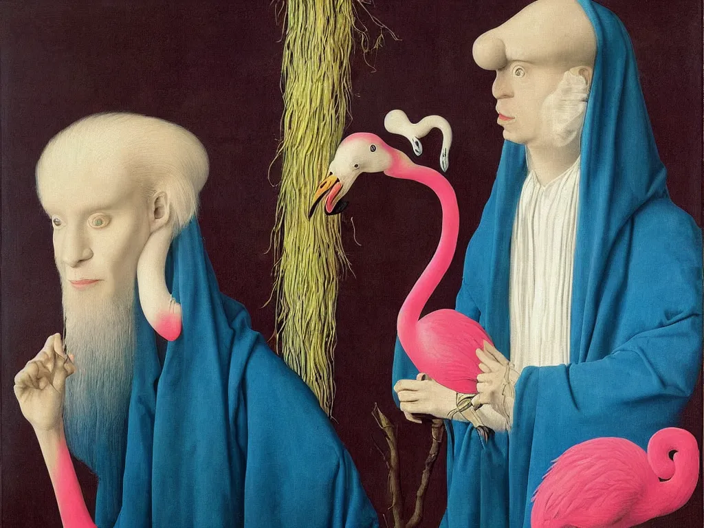 Image similar to Portrait of albino mystic with blue eyes, with exotic beautiful flamingo. Painting by Jan van Eyck, Audubon, Rene Magritte, Agnes Pelton, Max Ernst, Walton Ford