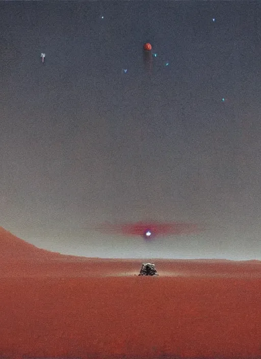 Image similar to A painting in a style of Beksinski featuring Elon Musk on mars. There is a group of rocket in the sky. Very detailed, symmetry