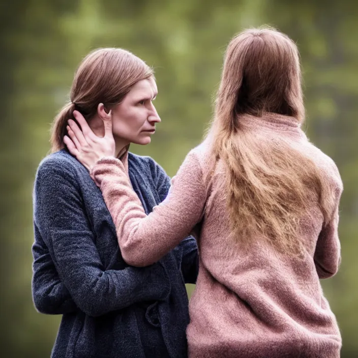 Image similar to photograph of a real-life beautiful nordic woman comforting a woman. 8k