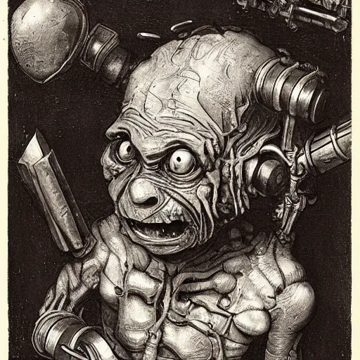 Prompt: horrible ragged little cyborg dwarf goblin with maniacal expression and bulging eyes : : mechanical implants attached to head : : 3 byzantine hong kong hoarder labaratory : : 3 anatomical study by rembrandt and bruegel and carvaggio : : studio ghibli composition