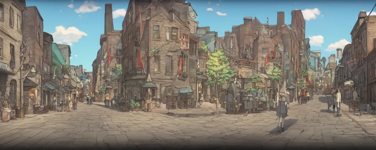 Prompt: A screenshot of the old port in old montreal city street in the scene in the Ghibli anime film, pretty rim highlights and specular