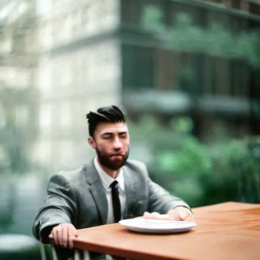 Prompt: A young man in a suit sits at a table on a martial green flannel, bokeh, cinestill