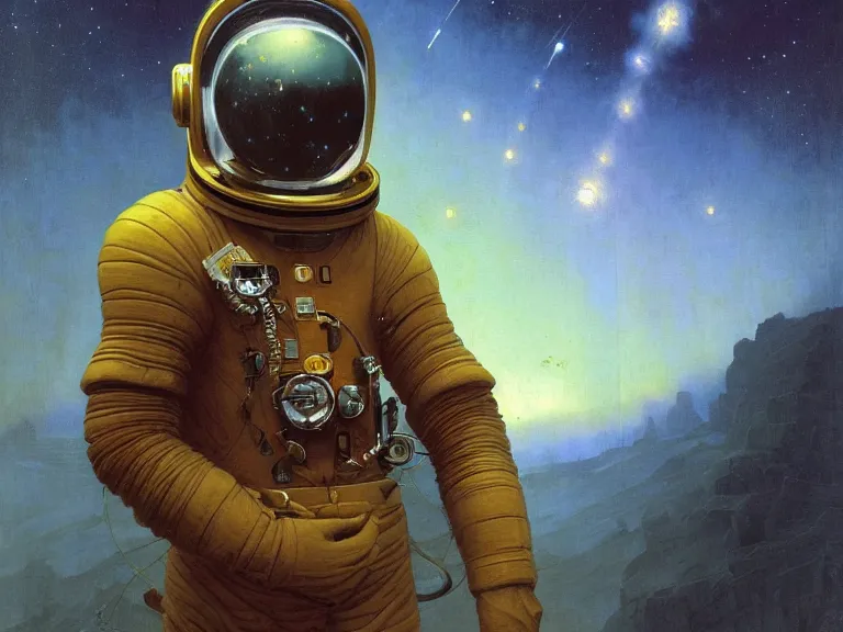 Prompt: a detailed profile oil painting of an explorer in a spacesuit with reflective helmet, flight suit, portrait symmetrical and science fiction theme with aurora lighting clouds and stars by beksinski carl spitzweg and tuomas korpi. baroque elements, full-length view. baroque element. intricate artwork by caravaggio. Trending on artstation. 8k