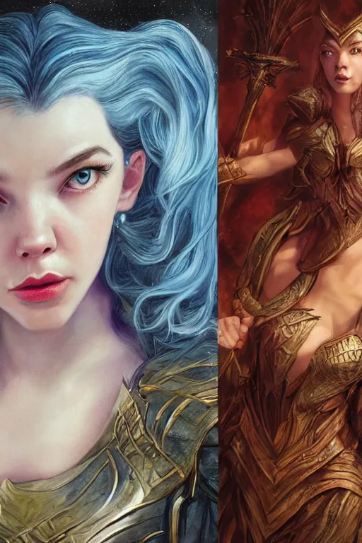 Prompt: A fantasy comic book style, composite hybrid portrait painting of Anya Taylor-Joy, and Cory Chase as a youthful Atlantean, Reptilian Warrior, Mystical Valkyrie, Modest light Armor, Sword, Sheild, Spear, François Boucher, Oil Painting, unreal 5, DAZ, hyper-realistic, Photorealistic, octane render, Regal, Refined, Coherent, Detailed Digital Art, RPG portrait, William-Adolphe Bouguereau, Michael Cheval, Walt Disney (1937), Steampunk, Hieronymus Bosch, Golden dappled dynamic lighting, Highly Detailed, Theophanic atmosphere, Cinematic Lighting, Unreal Engine, 8k, HD