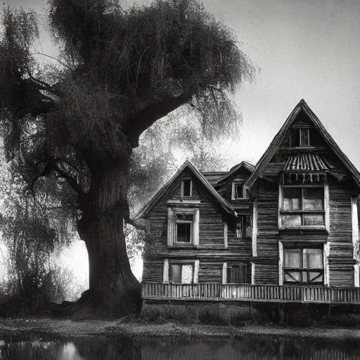 Image similar to a haunted house, photograph, ansel adams