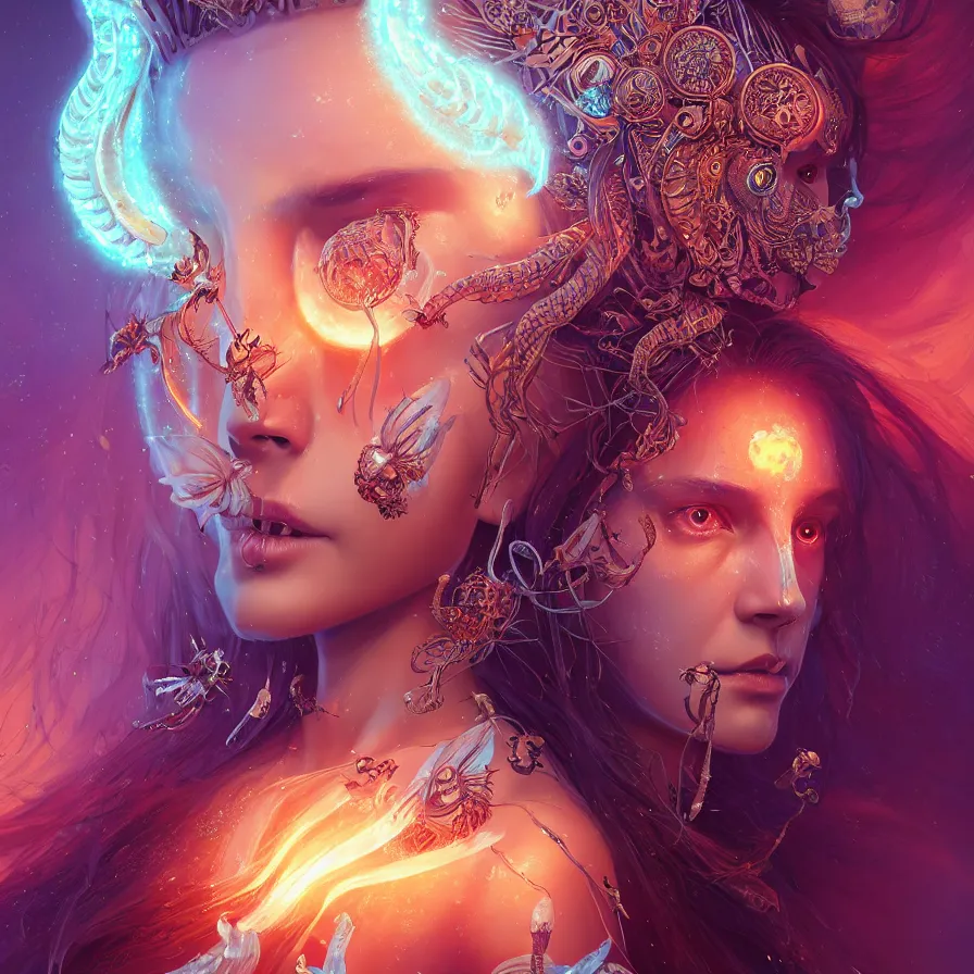 Prompt: beautiful goddess princess portrait tribal slavic princess skull, ancient high tech, jellyfish phoenix dragon, butterfly squid, burning halo, intricate artwork by Tooth Wu and wlop and beeple, greg rutkowski, symmetrical artwork, cinematic, hyper realism, high detail, octane render, unreal engine, 8k, Vibrant colors, Smooth gradients, High contrast, depth of field, aperture f1.2