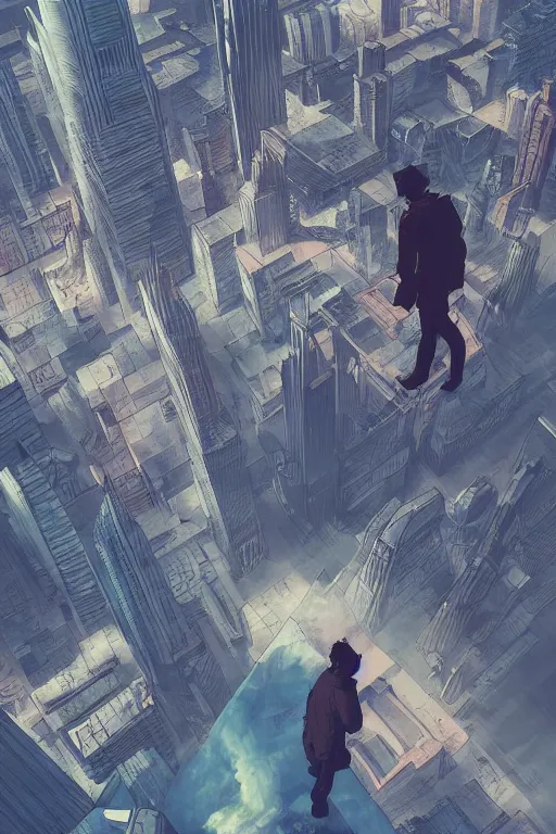 Image similar to concept art painting of a guy with wings flying over city, ground view, moody vibe, moody lighting, artgerm, moebius, inio asano, toon shading, cel shading, calm, tranquil, vaporwave colors,