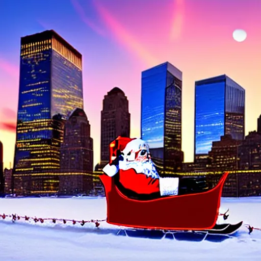 Image similar to santa claus in a sleigh with reindeers in front of world trade center with a beautiful sunset in the background