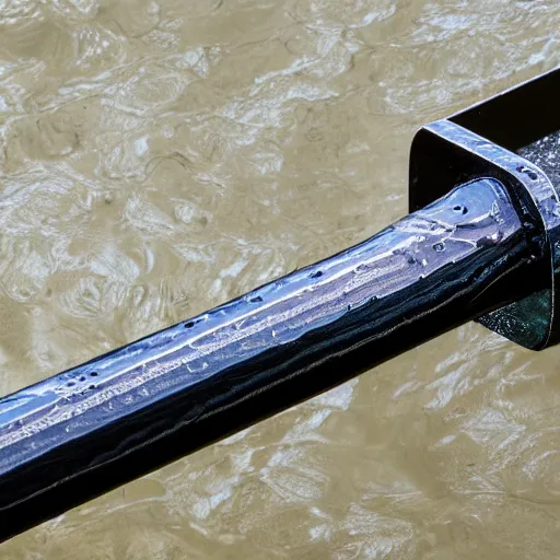 Prompt: Katana with its only water Blade entirety out of flowing water reflecting all light and its handle made out of steel with ancient patterns, Raytracing, white background with shadows, 40nm lens, full katana, zoomed out, high fov, full katana in vision, in vision,