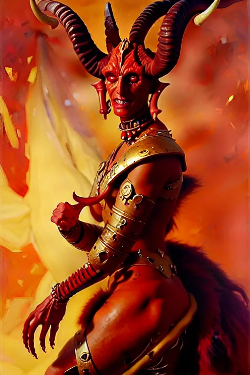 Image similar to painted close - up portrait of a very attractive red - skinned intimidating demon alien queen with ram horns! oil painting, wearing a noblewoman's outfit, fantasy art by john singer sargent and gaston bussiere and james jean and greg rutkowski, demon noble character design, hd