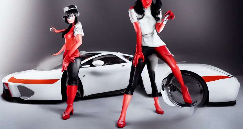 Image similar to a portrait of a female clockwork orange droog gang member, designed by artgerm and a red pininfarina sportscar in the background hdr, 8 k, hyperrealistic, volumetric lighting