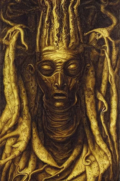 Image similar to portrait of nyarlathotep, oil painting by jan van eyck, northern renaissance art, oil on canvas, wet - on - wet technique, realistic, expressive emotions, intricate textures, illusionistic detail