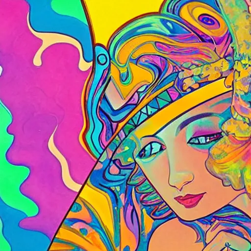 Prompt: how to get high, painted by lisa frank and alfons mucha