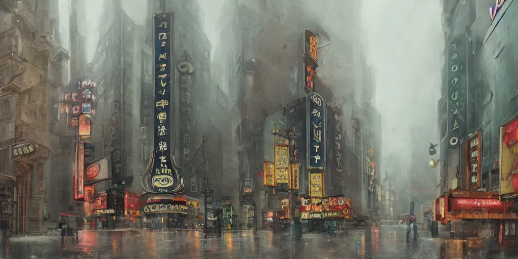 Image similar to an old cinema, new york, rainy day, matte painting, studio ghibli, artstation