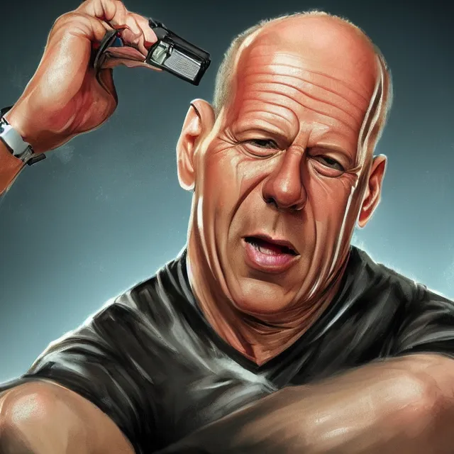 Prompt: bank rubbery where is my money, blackmail, guns on background, upper body, blockbuster, killer, extremely detailed digital painting trending artstation concept art sharp focus illustration art, bruce willis