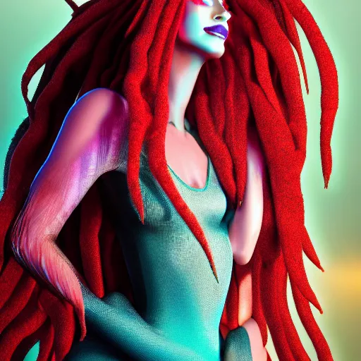 Image similar to 8 k octane render, photo realistic, haute couture, iris van herpen, mugler, techno mystic, inanna ashteroth with aqua neon rapunzel dreadlocks, nautical siren, princess intergalactica, gateway to futurisma