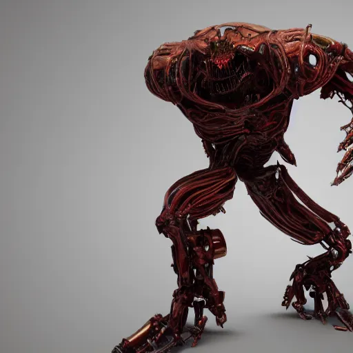 Image similar to a biomechanical horror, half creature half machine, DOOM inspired, realistic octane render