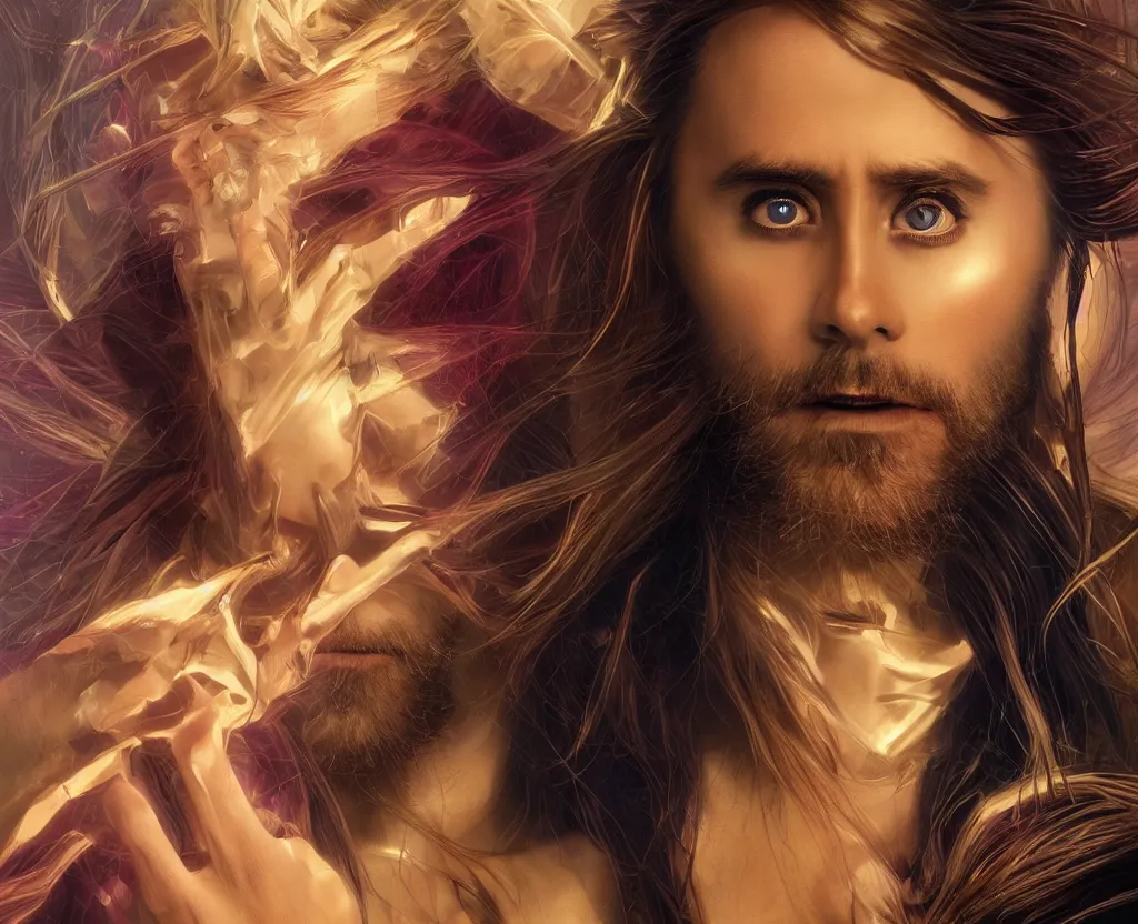 Image similar to dramatic portrait of Jared Leto, bloomed lighting, angelic, futuristic, beautiful colors, slightly golden, very sharp likeness, very detailed, chopping hands, electrical details, cinematic lighting high details, 4k, 8k, trending on artstation, ultra-realism, by Boris Vallejo and Hajime Sorayama