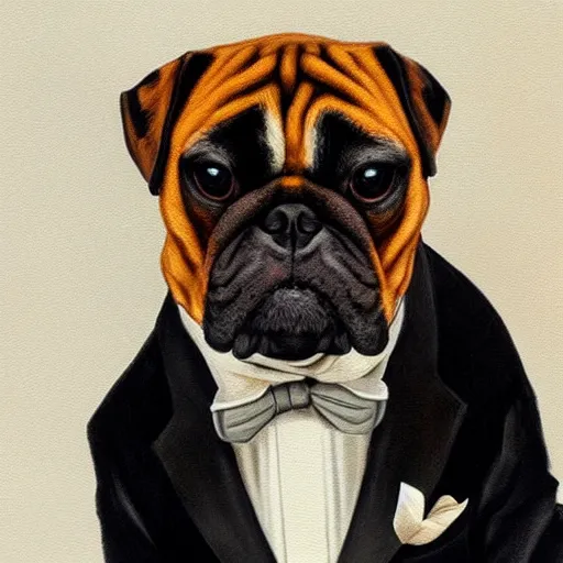 Image similar to a beautiful illustration painting of a dog in a tuxedo drinking whiskey by rutkowski featured on artstation, studio lighting, photorealistic digital art