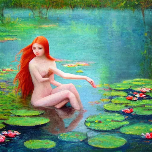 Image similar to oil painted impressionism style, A red-haired girl bathes in a lake where water lilies are floating, High definition, detailed,