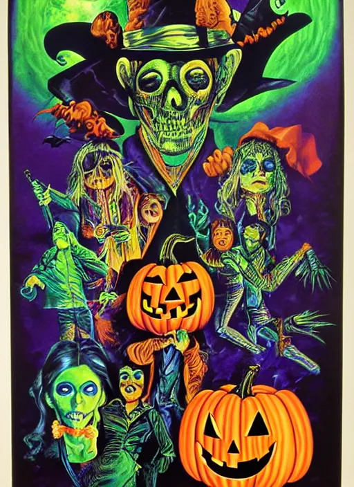 Image similar to Halloween (1978), Psychedelic velvet black light poster, Wes Wilson, Bonnie Maclean, Greg Irons, highly detailed