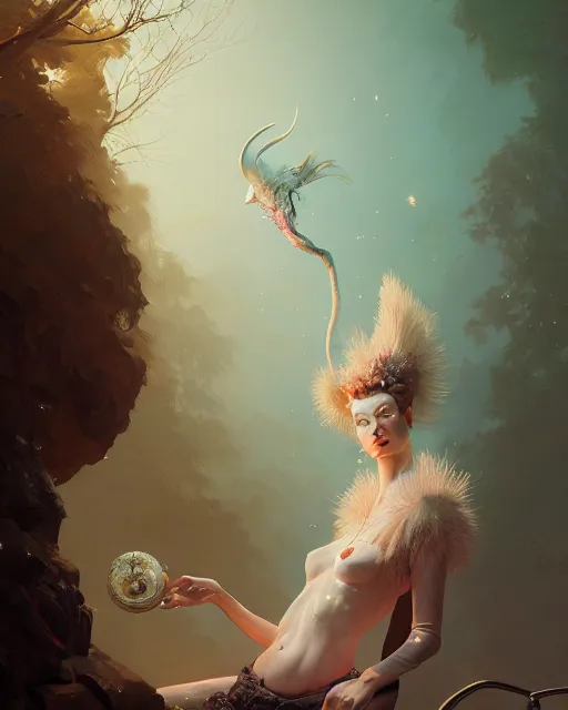 Prompt: of augean stables, aristocrat robe, ostrich feathers, imperil, beauty portrait, complex 3 d render by peter mohrbacher, wlop, ilya kuvshinov, thomas kinkade, victo ngai, ryohei hase, sharp focus, unreal engine, octane, global illumination, highly detailed, masterpiece, award winning, post processing