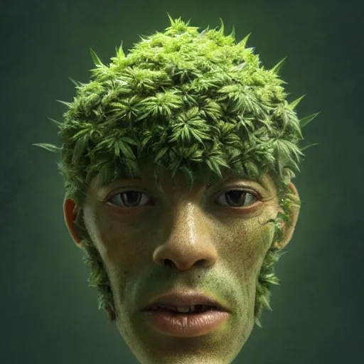 Prompt: a man made of hemp, with a head in the form of a cannabis bloom, like young grut, green skin, character, art by james jean and greg rutkowski!!, realistic face, digital art, chibi style, golden ratio, perfect composition, trending on artstation, 8 k