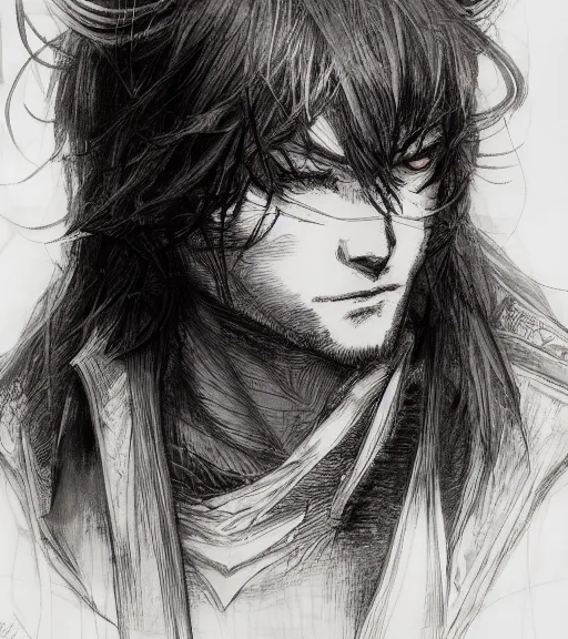 Prompt: portrait of anime cat with long hair wearing a dark robe, pen and ink, intricate line drawings, by craig mullins, ruan jia, kentaro miura, greg rutkowski, loundraw