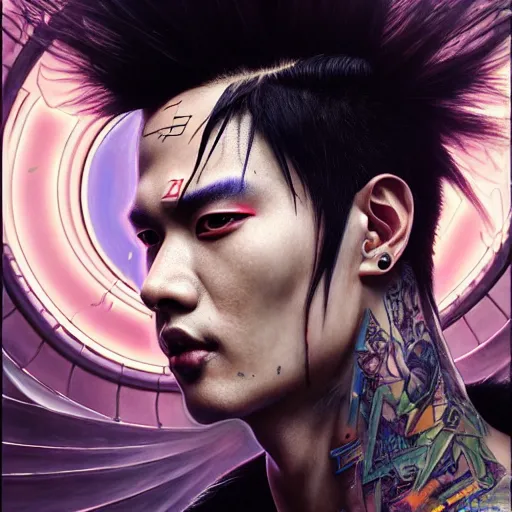 Prompt: portrait painting of a cyberpunk jackson wang with a z tattooed on his forehead, ultra realistic, concept art, intricate details, eerie, highly detailed, photorealistic, octane render, 8 k, unreal engine. art by artgerm and greg rutkowski and magali villeneuve and alphonse mucha