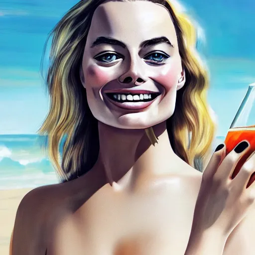 Image similar to a portrait of margot robbie holding a coctail on the beach, beautiful face, highly detailed, digital art