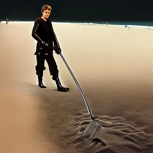 Image similar to Hayden Christensen as Anakin Skywalker Vacuuming the beach for sand, photo,