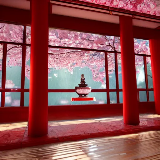 Prompt: shintoist temple interior, detailed, jewelry, sakura,photograph, award wining, red and white, trending on artstation, 4k, unreal engine 5, octane render, neon highlights