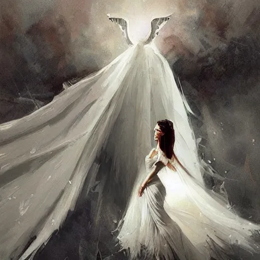 Image similar to Painting by Greg Rutkowski, an opera singer in a white dress with wings on stage