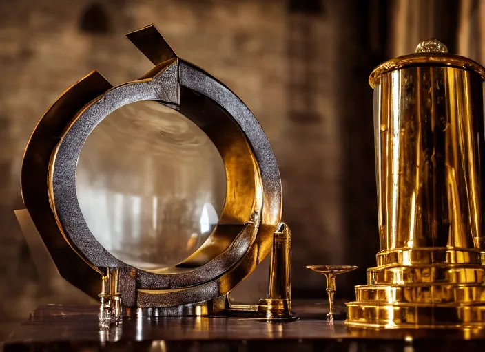 Prompt: a reflective geometric steel engineering trophy at a high end bar in a medieval themed castle in golden afternoon light, professional food photography