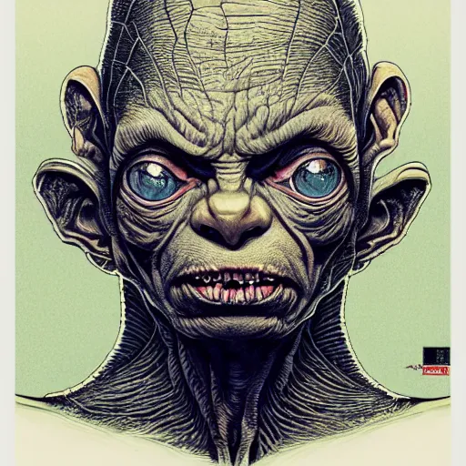 Image similar to portrait of gollum, symmetrical, by yoichi hatakenaka, masamune shirow, josan gonzales and dan mumford, ayami kojima, takato yamamoto, barclay shaw, karol bak, yukito kishiro