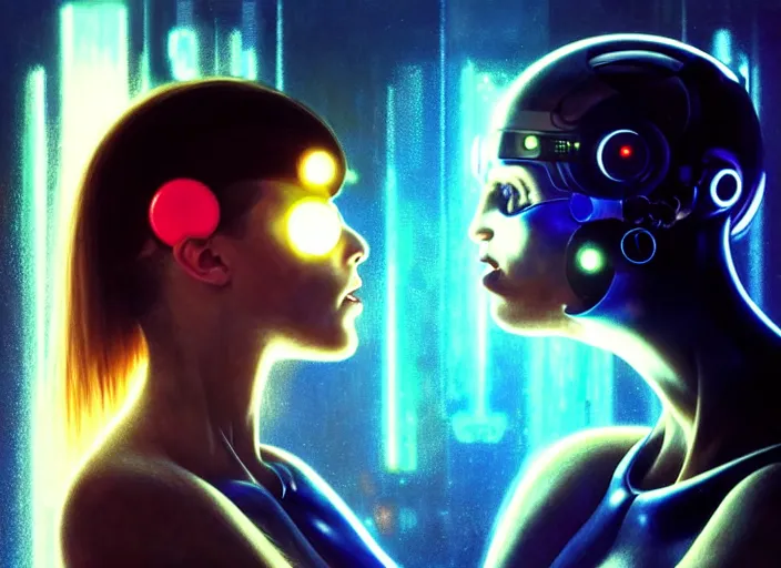 Image similar to ultra realistic photograpic medium shot of a couple of cyborgs kissing, lovers, cyberpunk, sci - fi, fantasy, kodak potra 4 0 0, colour led, soft light, volumetric lighting, night, intricate, highly detailed, digital painting, concept art, smooth, sharp focus, illustration, art by artgerm and greg rutkowski and alphonse mucha