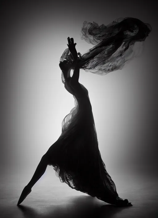 Image similar to a Photorealistic dramatic hyperrealistic render of a beautiful Female smoke dancer by Ken Brower and Deborah Ory of NYC Dance project,Lois Greenfield,Flowing cloth and smoke,Beautiful dynamic dramatic dark moody lighting,volumetric,shadows,cinematic atmosphere,Octane render,8K