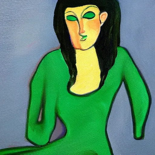 Prompt: ethereal woman in a green dress with a red sweater, painting by nicole susan