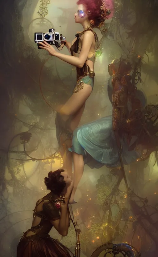 Image similar to hyper realistic photographer taking a picture, magical, gems, jewels, gold, steampunk, cyberpunk utopia, painted by tom bagshaw, mucha, gaston bussiere, craig mullins, j. c. leyendecker 8 k