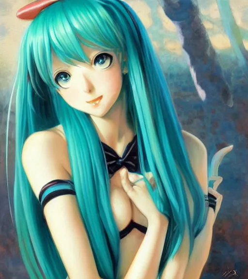 Image similar to Anime art very beautiful Hatsune miku by Gil Elvgren, Vladimir Volegov, Earl Moran, Enoch Bolles, symmetrical shoulders