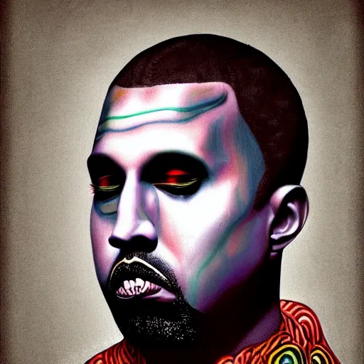 Image similar to an extremely psychedelic portrait of kanye west as marilyn manson, surreal, lsd, face, detailed, intricate, elegant, lithe, highly detailed, digital painting, artstation, concept art, smooth, sharp focus, illustration,