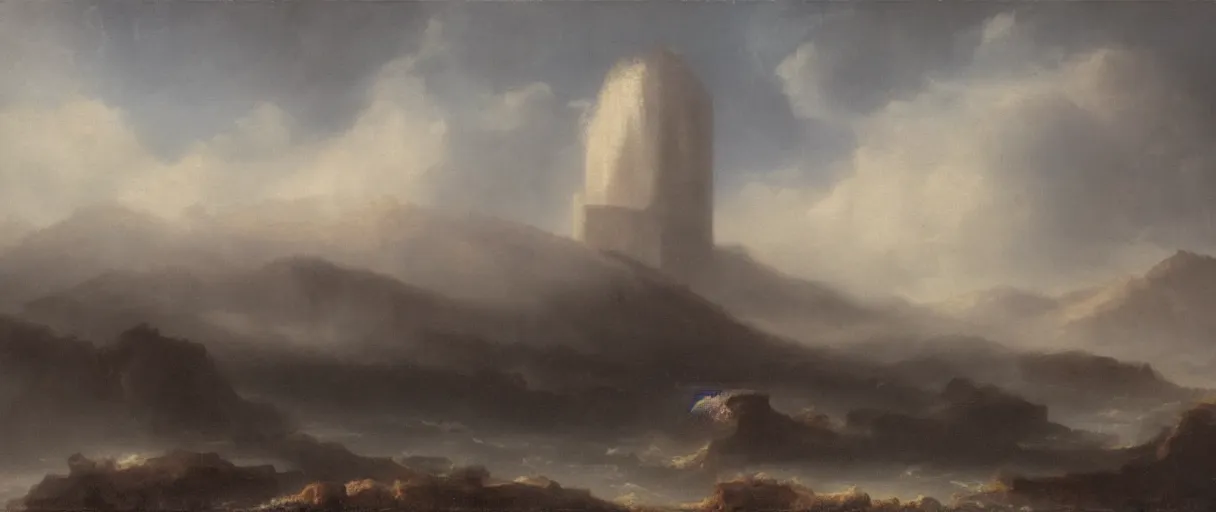 Image similar to an impossibly large tower rising from a sea of mist,evocative,romanticism landscape painting,chiaroscuro