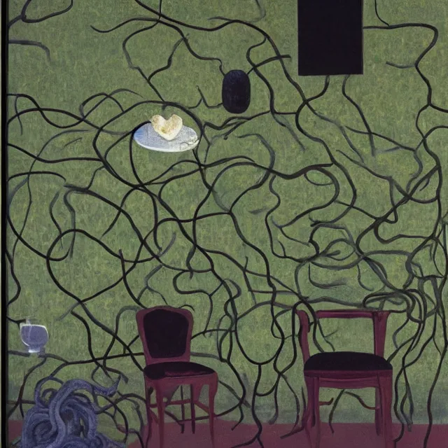 Image similar to a pathology student in her apartment, wrapped in vines, large stones, octopus, black walls, ikebana, black armchair, puddles, moss, acrylic on canvas, surrealist, by magritte and monet