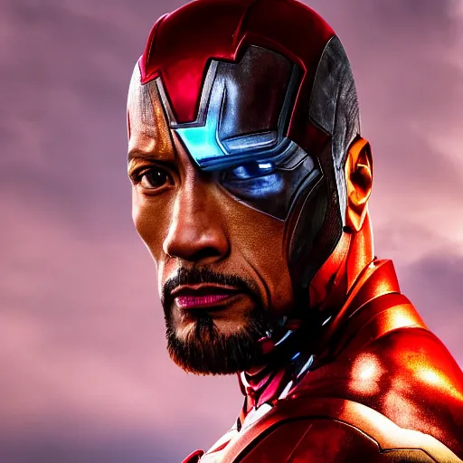 Image similar to dwayne johnson as ironman, photography, headshot, headpiece, female character, canon eos r 3, f / 1. 4, iso 2 0 0, 1 / 1 6 0 s, 8 k, raw, unedited, symmetrical balance, in - frame