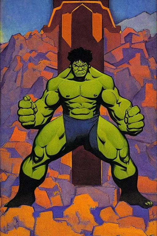 Image similar to hulk, marvel, artwork by nicholas roerich,